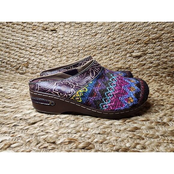 NEW L’Artiste Zigino Camel Multicolored Floral Leather Woven Slip-On Clogs Sz 37 - Picture 3 of 12